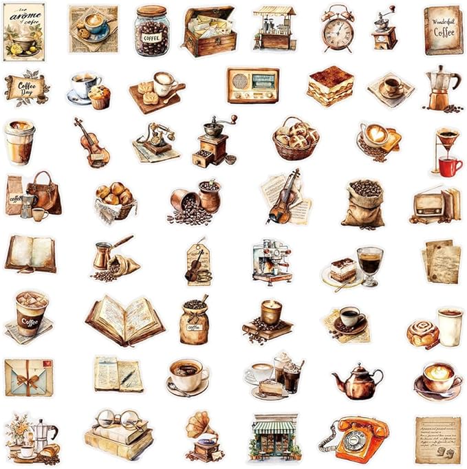 50Pcs Waterproof Vintage Stickers,Scrapbooking Supplies Kit,Aesthetic Decorative Craft Sticker for Planner, Bullet Journaling, Junk Journal, Water Bottles, Laptop, Retro Craft.Coffee