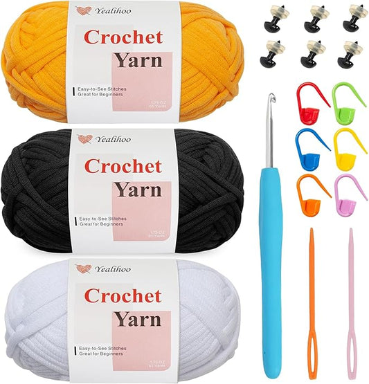 Beginner Yarn for Crocheting, Easy Crochet Yarn for Beginners, 3 Pack × 1.8 oz Amigurumi Yarns, Penguin Crochet Kit, Thick and Soft with Video Tutorials, Easy-to-See Stitches, Worsted Medium # 4