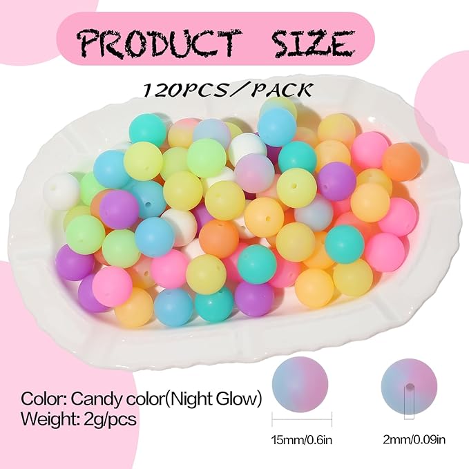 120pcs Richbunnys 15mm Bulk Silicone Beads for Pens and Keychain Making,Large Bead for Necklace and Bracelets Making,Assorted Rubber Beads Set for Crafts(Night Glow)