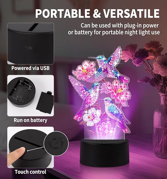 ALKALO Diamond Painting Night Light, Diamond Painting Kits for Adults Desktop Ornaments for Table Tabletop Decor Diamond Art Accessories for Adult Beginner Touch Lamp for Bedrooms Living Room-Birds