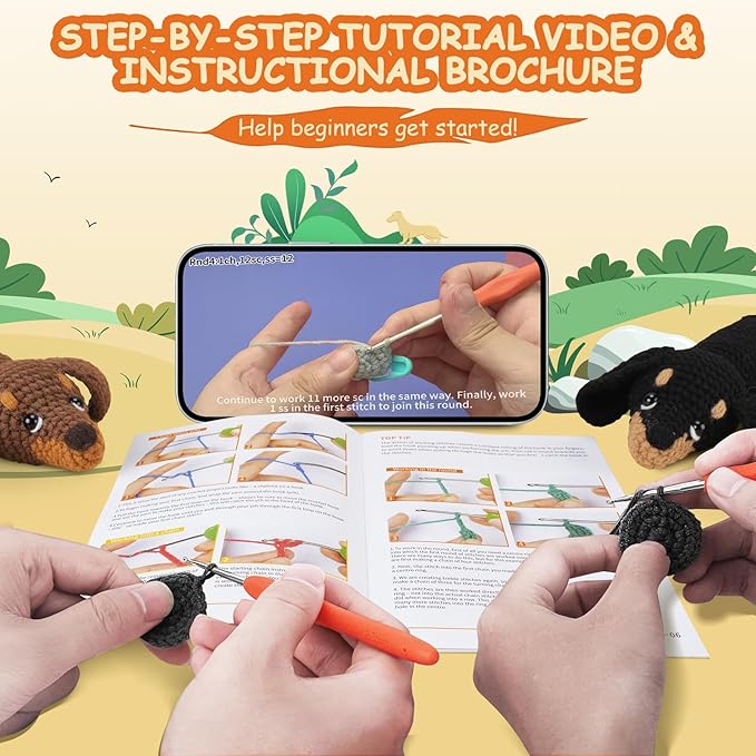 crochet kit for beginners - 2 pcs dachshund crochet kits with step-by-step video tutorials, beginner crochet kit for adults, crochet animal kit, dog craft knitting kit crochet gifts valentine's day