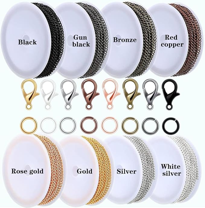 80ft Jewelry Making Kit - 8 Color Stainless Steel Curb Chain, 240 Jump Rings & 80 Lobster Clasps for DIY Bracelet, Earring & Necklace Crafts (2*3 mm)