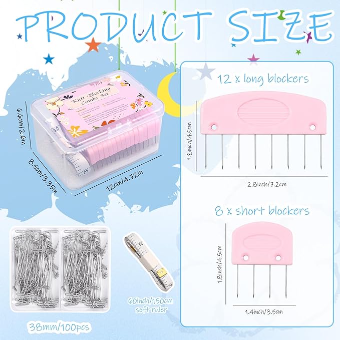 Knit Blocking Combs Pins, 20 Pcs Knit Blocking Combs for Blocking Knitting, 100 Pcs T-Pins Knitter Crochet, Tape Measure Ruler, Sewing Lace or Needlework Projects with Knitting Blocking Tools