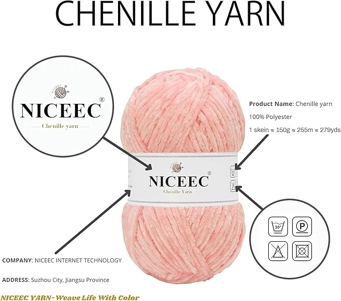 NICEEC 2 Skeins Soft Chenille Yarn Blanket Yarn for Knitting Fancy Yarn for Crochet Weaving DIY Craft Total Length 2×255m (2×279yds, 2×150g)_Pink