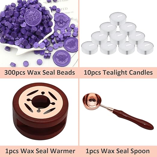 Wax Seal Beads Kit - 300pcs Purple Sealing Wax Beads with Wood Melting Warmer, Spoon & 10 Mini Candles for Stamp Seals, Wedding Invitation, Envelope, Cards, Gift Wrapping Decorations