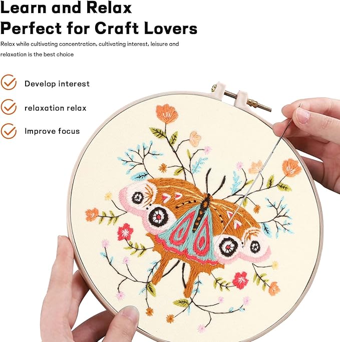 JOINRUN Embroidery Starter Kit for Beginners Adults: DIY Butterfly Cross Stitch Kit for Craft Lover Learn Hand Stitch, Includes Stamped Pattern,Hoop, Easy to Follow Instruction and Video