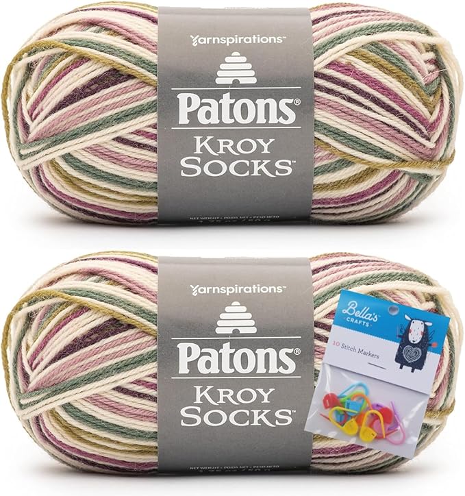 Patons Kroy Socks Yarn 2-Pack Bundle with Bella's Crafts Stitch Markers (Midnight Orchid)