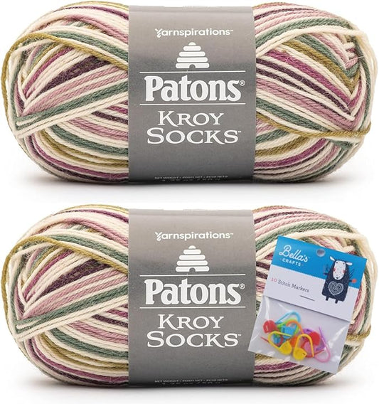 Patons Kroy Socks Yarn 2-Pack Bundle with Bella's Crafts Stitch Markers (Midnight Orchid)