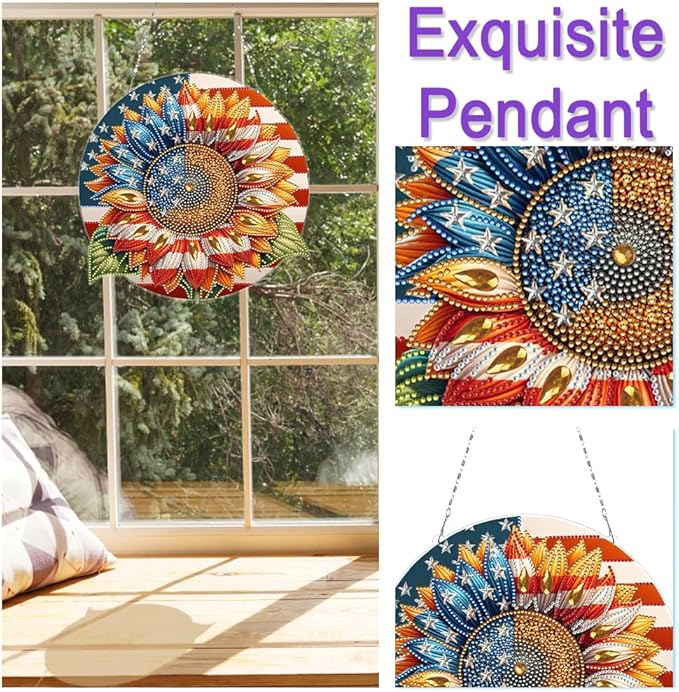 POETRYDRAW DIY Hanging Diamond Art Pendant Kit Independence Day Sunflower, Special Crystal Diamonds Painting Ornament for Adults, 5D Diamond Art Suncatchers Double Sided Board Gem Painting Box Kit