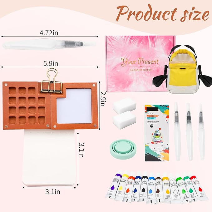 Mini Travel Watercolor Paint Set with Walnut Wood Palette, 12 Vibrant Colors Portable Art Kit with Backpack, Sketchbook, Water Brushes, Small Watercolor Set for Artists, Adults, Plein Air