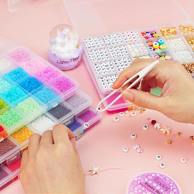 2mm Tiny Glass Seed Beads for Bracelets, 96 Colors 60000pcs Small Glass Beads Waist Beads Craft for Friendship Bracelets with Charms String Cords Tweezers Letter Bead Crafts Kits Jewelry Making Kit