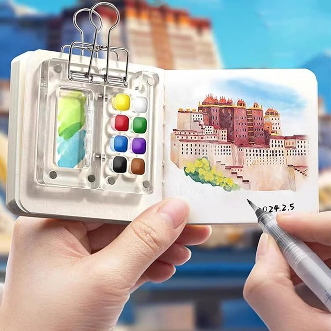 Mini Travel Watercolor Set Pocket Artist Watercolor Travel Set Grid Palette Box Sketch Book Brush Pens With Binder Clips For Painters Artists Students