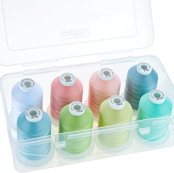 New brothread - 18 Options - Multi-Purpose 100% Mercerized Cotton Thread 50S/3 600M Each Spool for Quilting, Serger, Sewing and Embroidery - 8xSummer Loft(Pastel Color) with Clear Plastic Storage Box