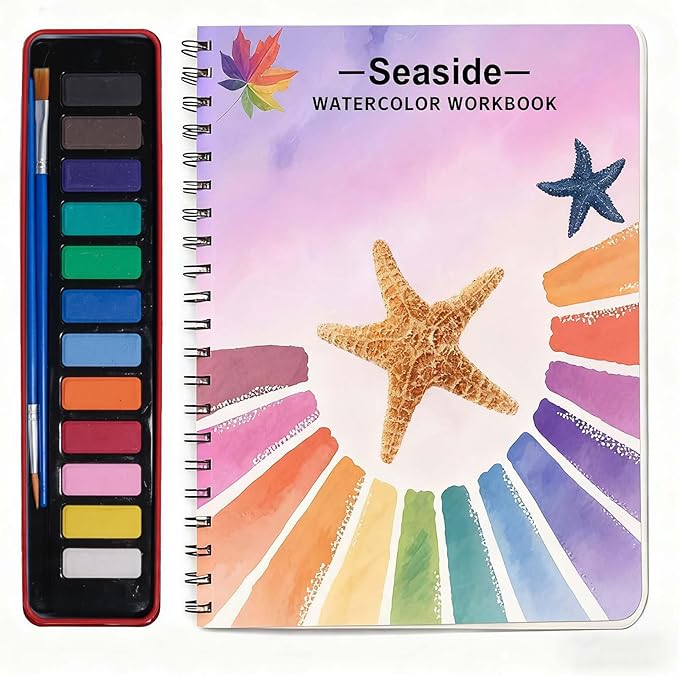 Watercolor Workbooks, Beginner Watercolor Painting Kit – 12 Colors Paint Set with Brush – Perfect for Gifting to Spark Creativity & Joy for Teens & Adults（Seaside）