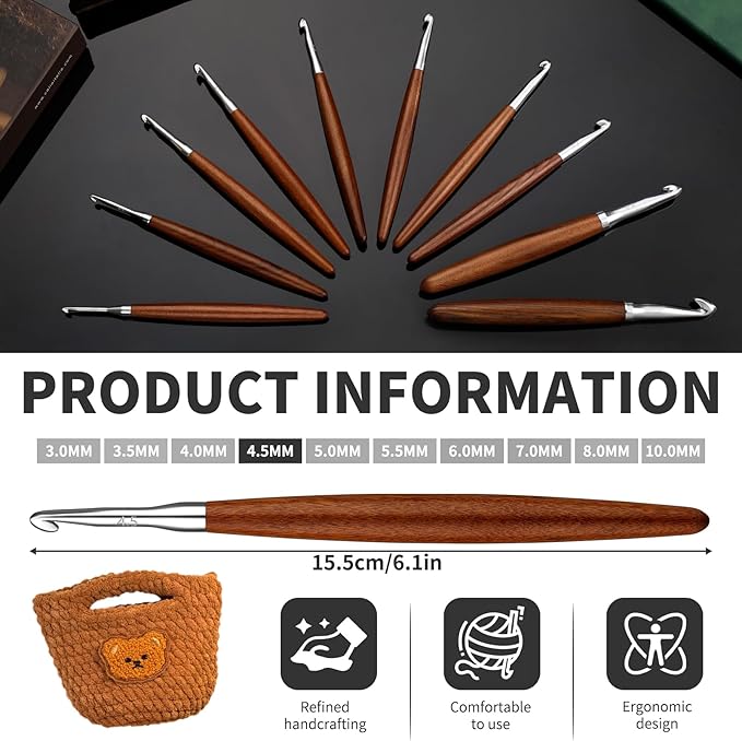 Lunarm 4.5mm Crochet Hook, Ergonomic Aluminum Crochet Hook with Wood Handle Available in 3mm-10mm for Arthritic Hands DIY Craft Knitting Dolls, Bouquets, Blankets, Hats, Gloves from Various Yarns