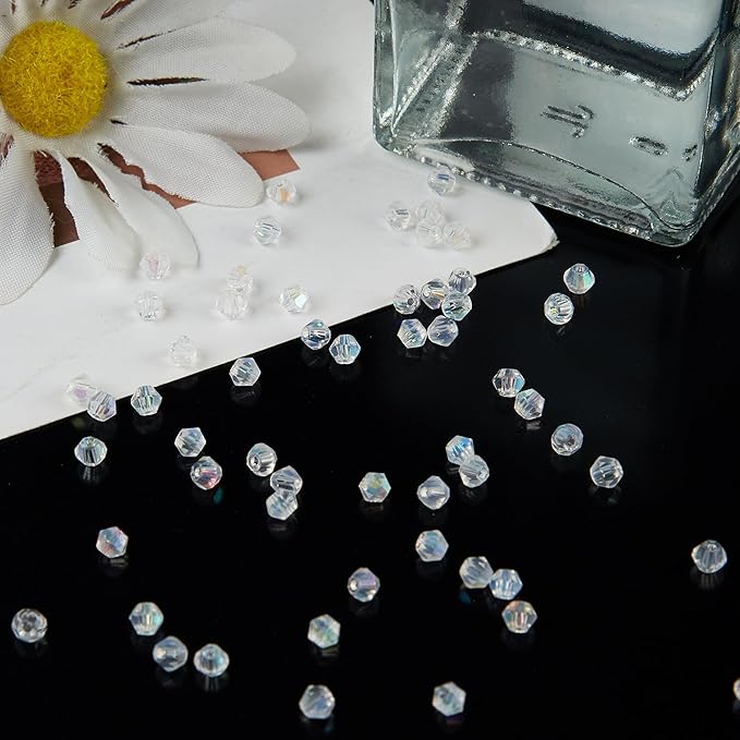 laopottbeads 1200pcs 3mm bicone crystal glass beads for jewelry making, sparkling mini beads for suncatchers, diy bracelets & craft projects (ab white)