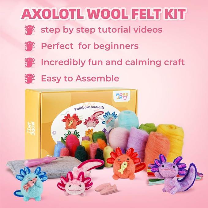MOREJMTT Needle Felting Kit, 6 PCS Animal Needle Felting Beginner Kits, Wool Felt Needle Felting Tools Foam Pad, Craft Party Supplies for Beginners Adult(6pack Axolotl)