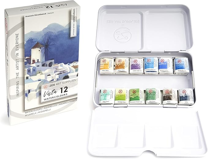 ZenArt Supplies Professional Watercolour Paint Set Vista - Non-Toxic 12 Half-Pan in Metal Tin Palette Portable Travel Vibrant Water Color, (SPN0022-PW12S-C)