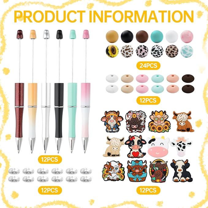 12 Set Highland Cow Theme Plastic Beadable Pens DIY Set, Assorted Bead Pens Crystal Round Spacer Pendant Set Black Ink DIY Ballpoint for Teachers, Women Men Gift Office Supplies