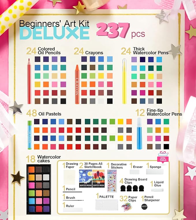 237-Piece Kids Art Set with Double-Sided Easel, Painting Kits for Kids Ages 4-8, Non-Toxic Art Supplies for Girls & Boys, Drawing Set with Watercolor, Oil Pastels, resent for Young Artists-Black