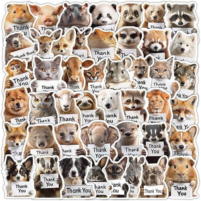 50Pcs Funny Animal Thank You Stickers for Small Business, Thankful Vinyl Waterproof Stickers, Small Business Packaging Supplies & Thanksgiving Gifts