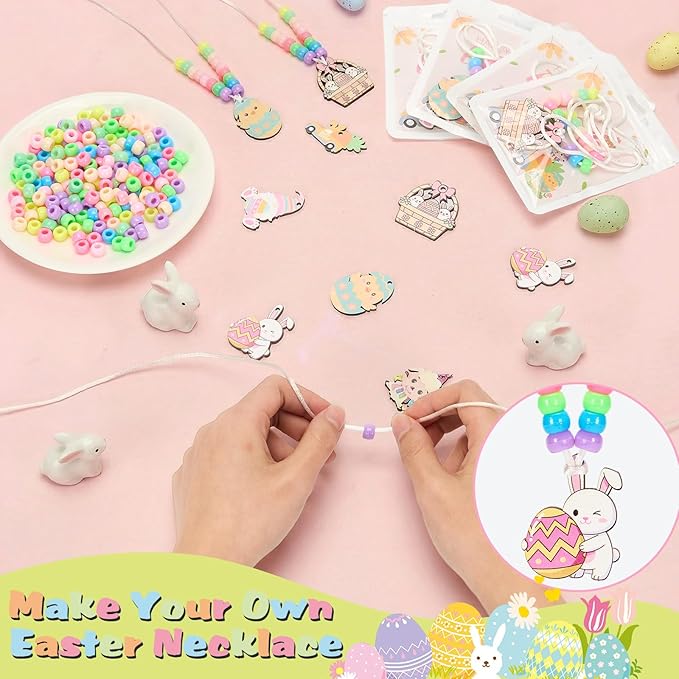Bafeil 24 Set Easter Crafts Bead Necklace Making Kit for Kids - DIY Make Your Own Bunny Necklace for Arts and Crafts Project, Classroom Activities Gifts, Party Favors & Easter Basket Stuffers