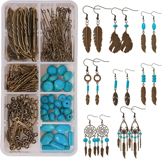 SUNNYCLUE 1 Box DIY 8 Pairs Bohemian Feather Dream Catcher Earring Making Kit Antique Bronze Feather Charm Connector, Turquoise Gemstone Beads, Earring Hooks Jewelry Supplies Beginners, Instruction