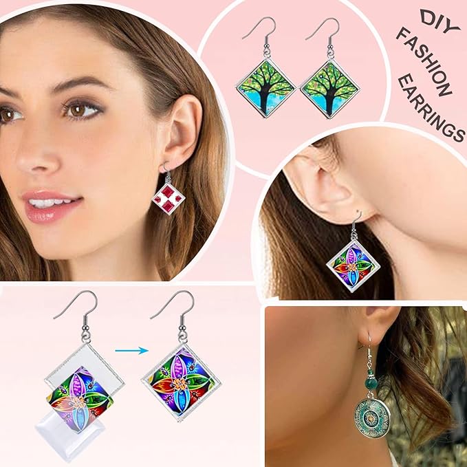 Pendant Trays Kit with Cabochon Glass, Square Pendant Bezel Trays Bracelet Blank Bangles Earrings Hooks Blanks for DIY Photo Cameo Jewelry Making Crafts