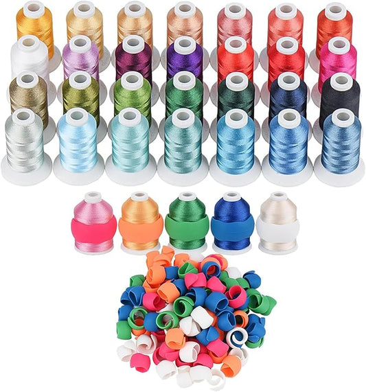 28 Assorted Colors Embroidery Machine Thread with 28 Thread Holder, 500M (550Y) Each Bobbin Polyester Embroidery Threads Kit and Spool Huggers for Sewing & Embroidery Machine- Janome Series 2