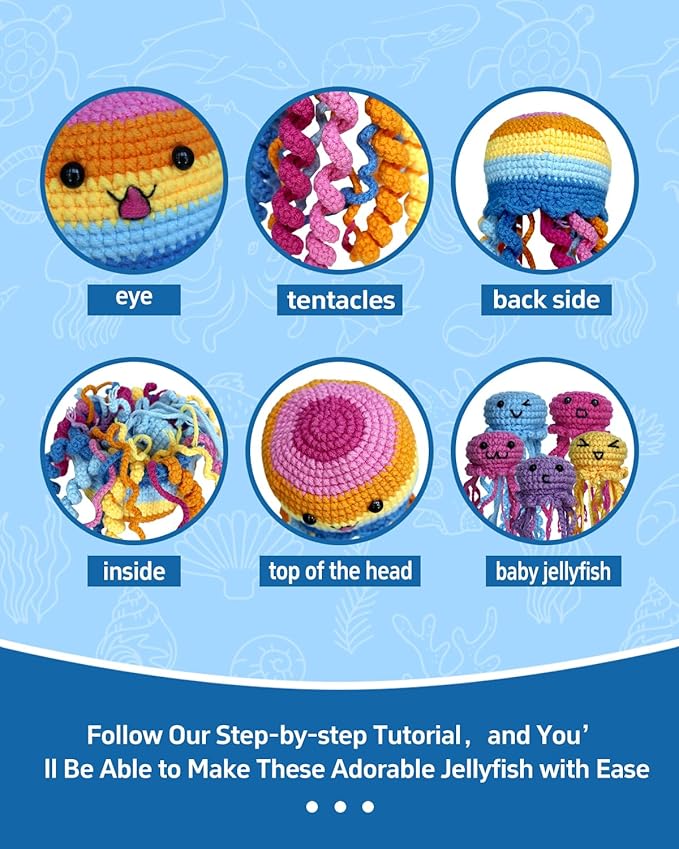 Fortilo Crochet Kit for Beginners 6PCS Crochet Animals Jellyfish Family with Step-by-Step Video Tutorials 30% Extra Yarn, Perfect for Gifts, Emotional Support, Ideal Knitting Kit for Adults, Kids