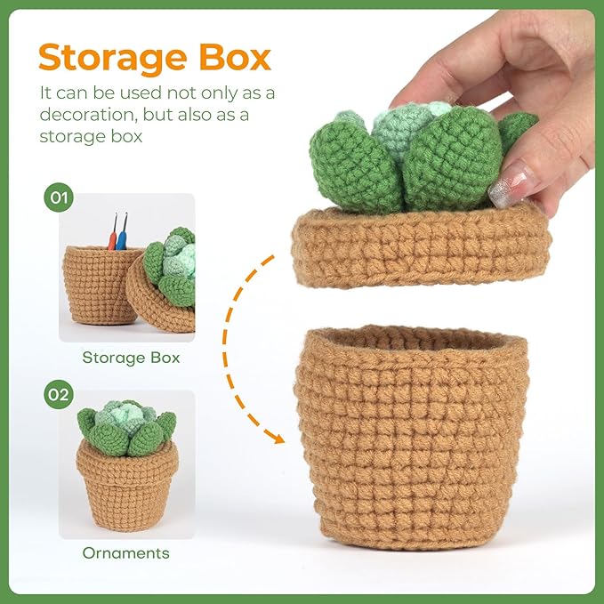 Finnacy Crochet Kit for Beginners Adults,Potted Succulent Plant Crochet Storage Box, All You Need in, Include Crochet Yarns, Hook, Step-by-Step Video, Instruction and Crochet Accessories