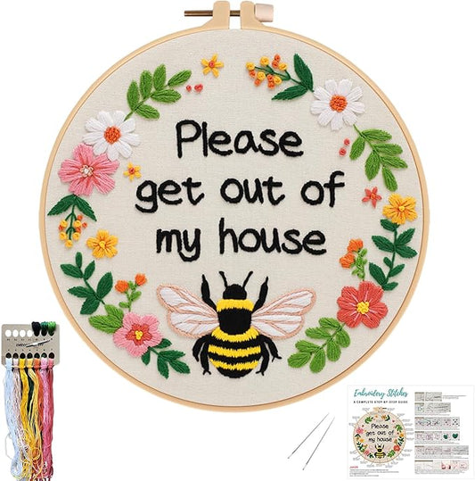 Nuberlic Funny Bee Embroidery Kits for Beginners, Please Get Out of My House Embroidery Kit for Adults- Easy Cross Stitch Starter Kit with Printed Fabric, Hoop, Needles Instruction and Threads