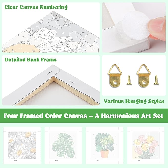 Lxmsja 4 Pack Bold Botanicals Paint by Numbers Kit for Adults, Easy Framed Paint by Numbers for Adults Beginner, DIY Acrylic Oil Painting Craft Kits for Home Wall Decor 8x8 inch