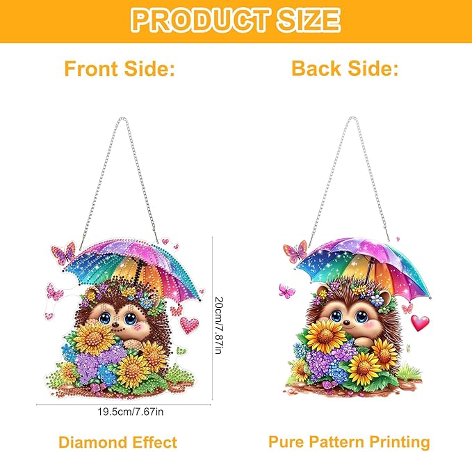QENSPE Diamond Painting Art Hanging Kits for Adults, 5D Cute Hedgehog Special Shape Diamond Paingting Ornaments with Chain, DIY Sunflower Crystal Window Pendants for Home Wall Decor Gifts 8X8 inch
