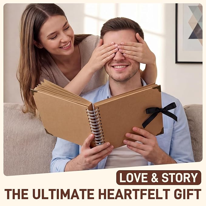 8x8 Scrapbook Album, 40 Pages Thick 250gsm Kraft Paper Photo Album with Metal Corner Protectors & 3D Interactive Elements, DIY Memory Book for Wedding, Anniversary, Baby & Family