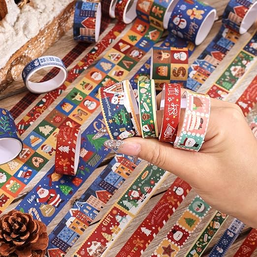 Christmas Theme Washi Tape Set, 12 Rolls Christmas Washi Tape Writable Decorative Tapes for Scrapbooking, Junk Journal Supplies, Bullet Journaling, 0.6"x79" per Roll