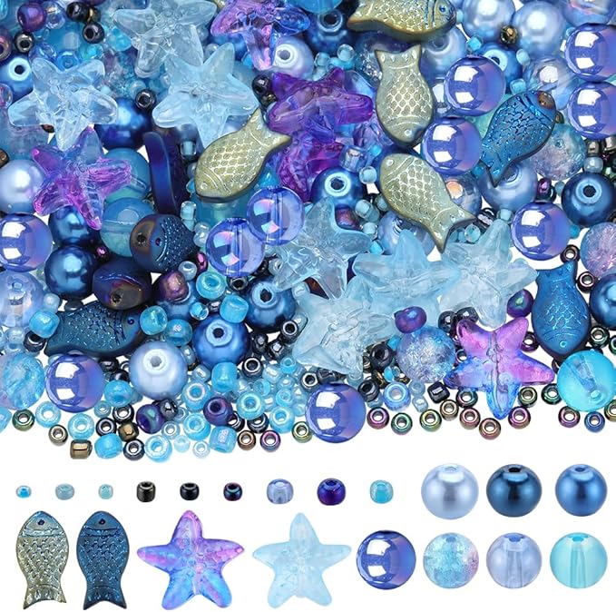SUNNYCLUE 1 Box 540pcs Ocean Beads Kit Glass Summer Fish Starfish Charms Blue Hawaii Sea Animal Charm Glass Seed Beads for Jewelry Making Findings Kits DIY Bracelet Necklace Supplies