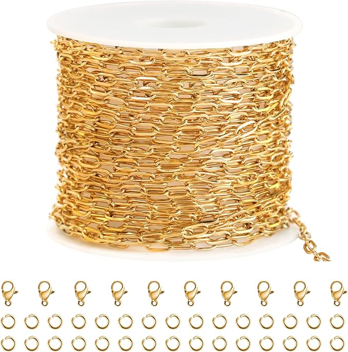 SMYHTGLIF 5 Meters Stainless Steel Paper Clip Chain for Jewelry Making Gold Cable DIY Craft Jewelry Making Chains Bulk with Lobster Clasps and Open Jump Rings