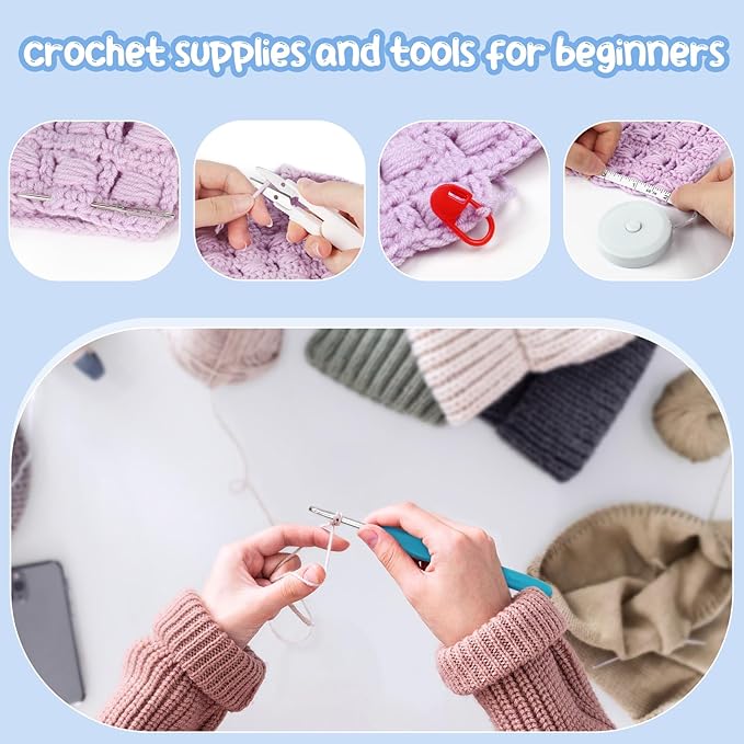 Aeelike Crochet Kit for Beginners with 10 Colors Yarn and Introduction Book, 48pcs Crochet Starter Kit Everything for Adult, Learn to Crochet Kit with Soft Grip Crochet Hooks and Blue Flower Bag