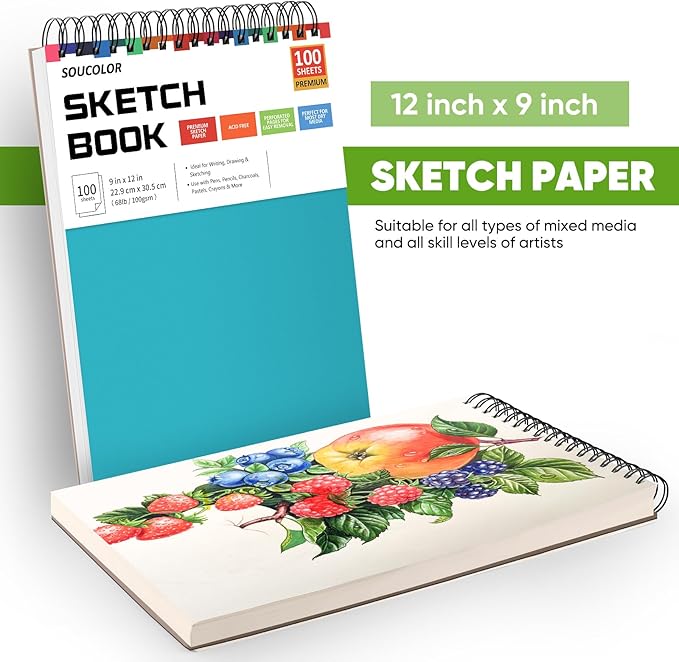 soucolor school supplies 9" x 12" sketch book for high college teacher student, 1-pack 100 sheets spiral bound art sketchbook, acid free (68lb/100gsm) artist blank book for kids, back to school stuff