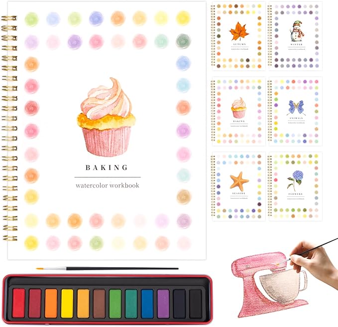 Metyond Beginner Watercolor Workbook Kit - Watercolor Painting Kit with 1 Workbook 12 Colors Paint Set with Brush, Beginner Friendly Watercolor Paint Set Gift for Adults Teens (Baking)