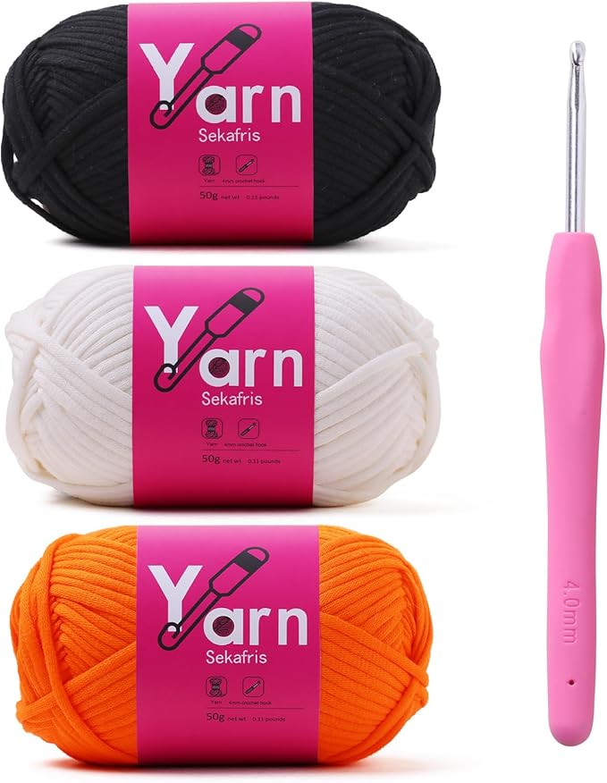 Crochet Yarn with Cotton Yarn for Crocheting - Crochet Knitting Yarn for Beginners with Easy-to-See Stitches - Yarn for Crocheting - Parfait Chunky Yarn (Black+White+Orange Peel)