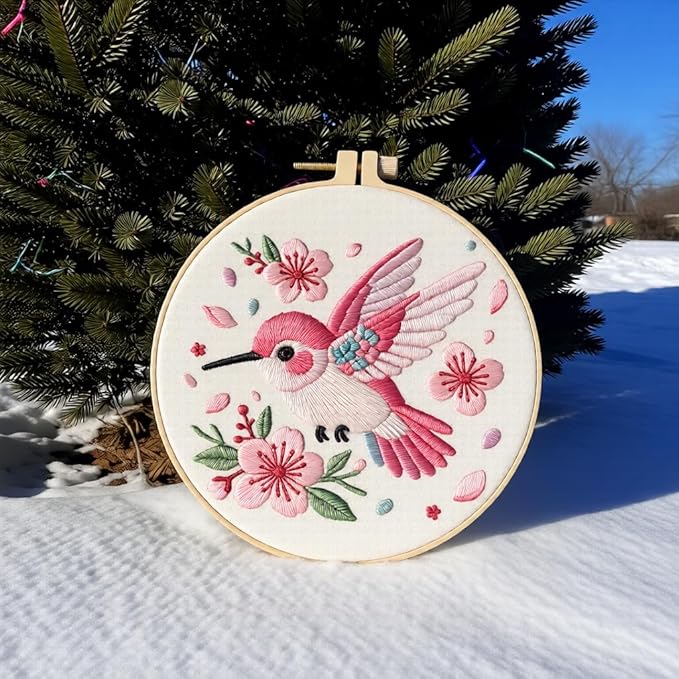 JJFox Embroidery Kit for Beginners and Adults, DIY Hand Embroidery Starter Kit with Cute Pattern, Cross Stitch Needlepoint Set with Hoop, Threads and Instructions (Hummingbird)