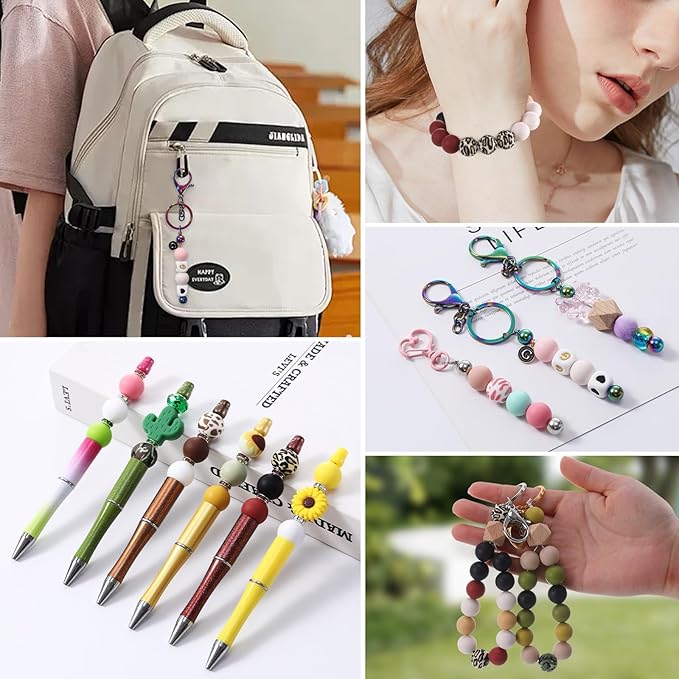 96Pcs Silicone Beads for Bracelets with 4Pcs Wooden Bead and Elastic 2 Strings,15mm Silicone Beads Bulk Petal Bracelet Making Kit Focal Bead for Pens Keychain Making Kit