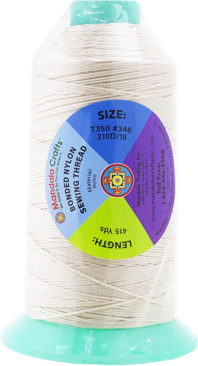 Mandala Crafts Size 346 210D T350 Bonded Nylon Thread - Off White 415 YDs Tex 350 Heavy Duty Sewing Threads for Leather, Jeans, Weaving, Outdoor Marine Upholstery