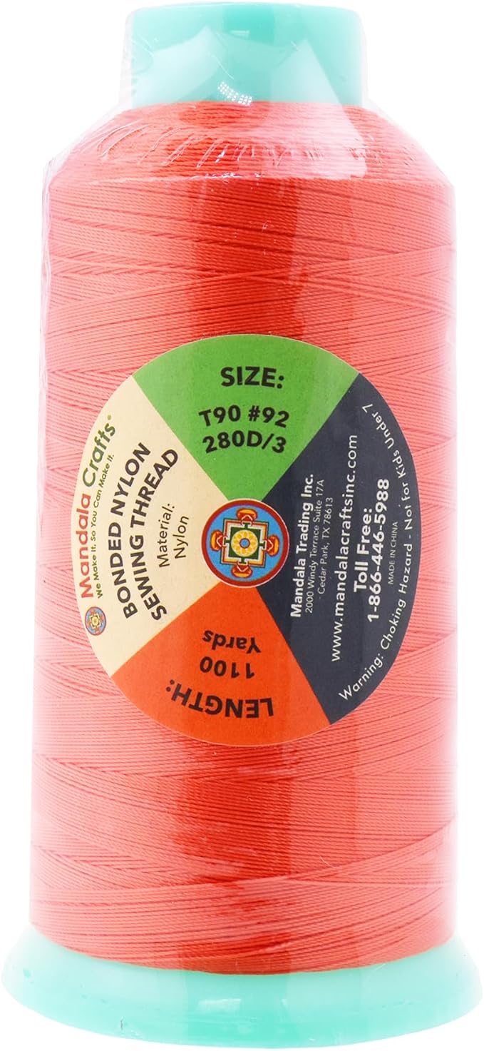 Mandala Crafts Size 92 280D T90 Bonded Nylon Thread - Coral 1100 YDs Tex 90 Heavy Duty Sewing Threads for Leather, Jeans, Weaving, Outdoor Marine Upholstery