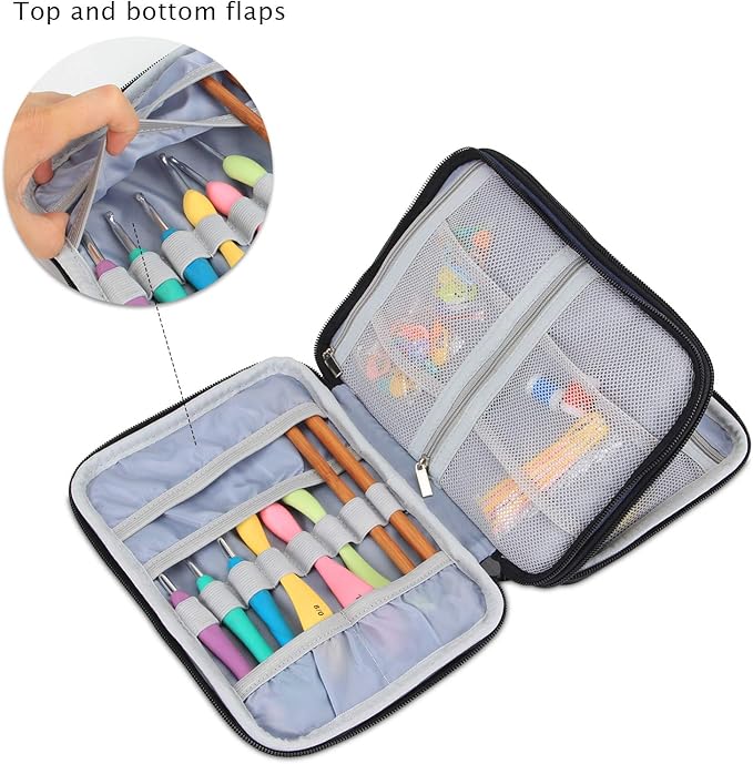 Damero Crochet Hook Case, Travel Storage Bag for Swing Crochet Hooks, Lighted Hooks, Needles(Up to 8'') and Accessories, Large, Blue Dots (No Accessories Included)