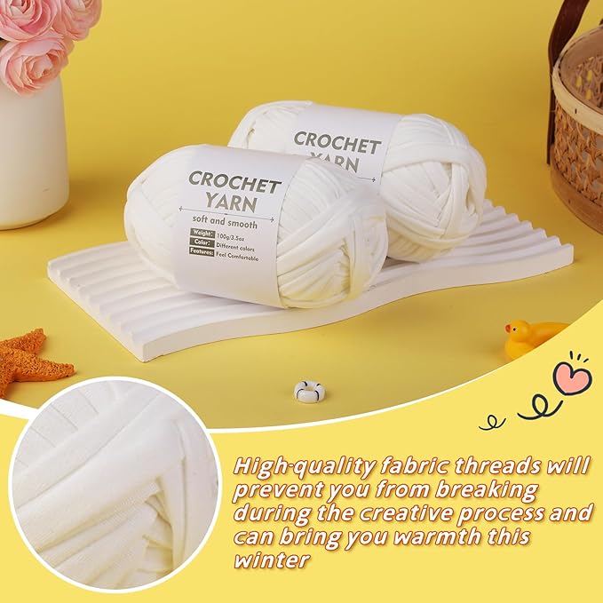 2 Pack T-Shirt Yarn Set, White Knitting Crochet T Shirt Yarn, Tshirt Yarn Kit for Crocheting, Ribbon Cotton Yarns, Knitting Yarns Ball