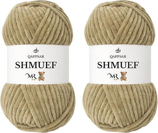 SHMUEF Chenille Yarn 2-Pack – Ultra Soft Velvet Yarn, Super Bulky Weight (5–6 mm), Yarn for Crochet, Amigurumi & Baby Blankets (Beige)