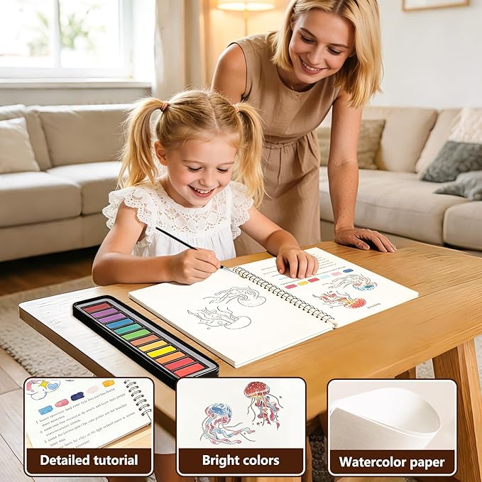 Watercolor Workbook for Beginners - Complete Watercolor Painting Kit with 12 Color Paint Set & Brush | Step-by-Step Art Book for Adults, Hobby Gift for Friends